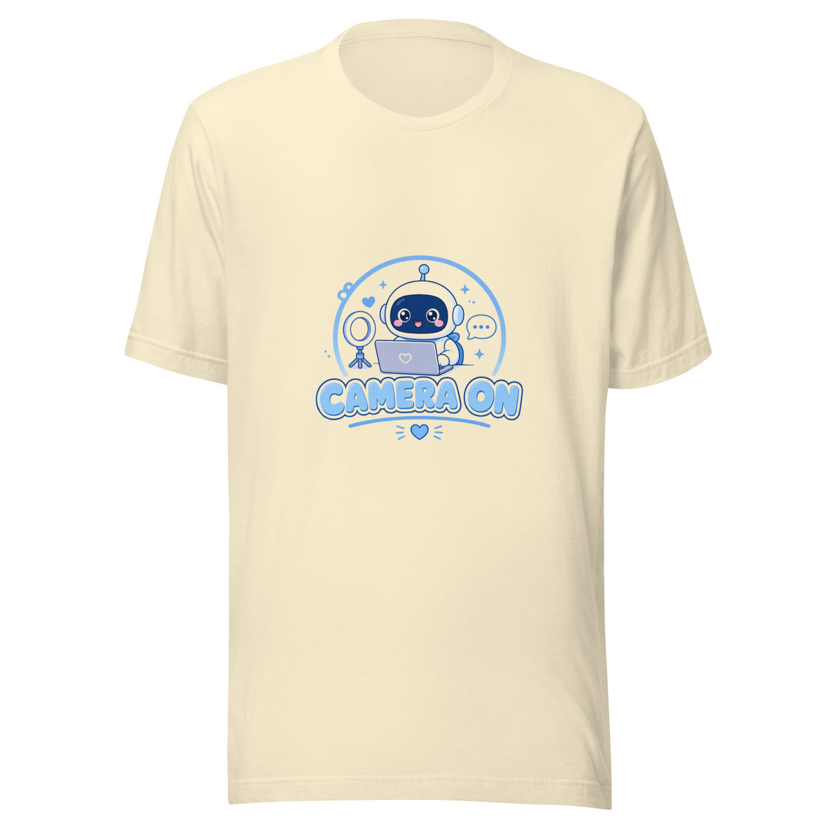 Zoom Hero tee CAMERA ON — cute WFH robot graphic tee mockup