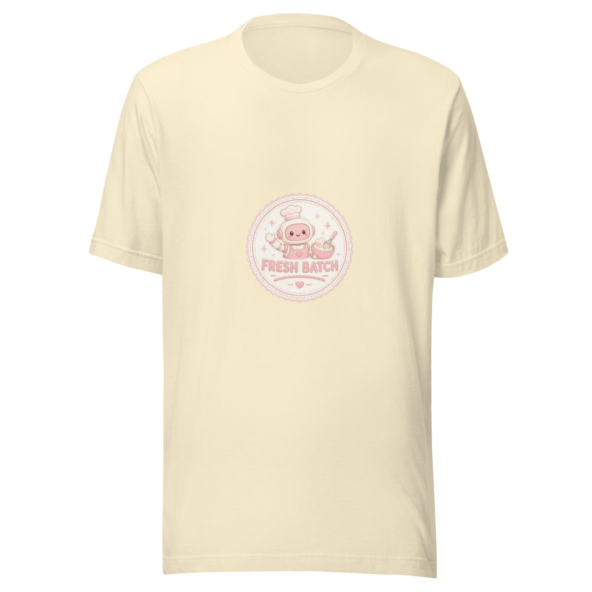 Bake Badge tee FRESH BATCH — cute baking robot graphic tee mockup
