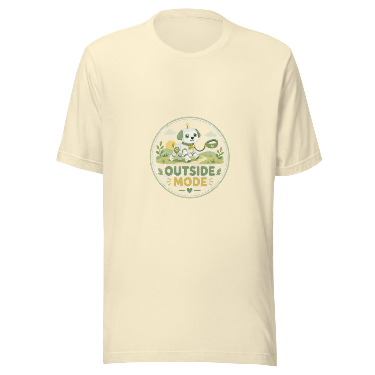 Fetch Badge tee OUTSIDE MODE — cute dog walk robot graphic tee mockup