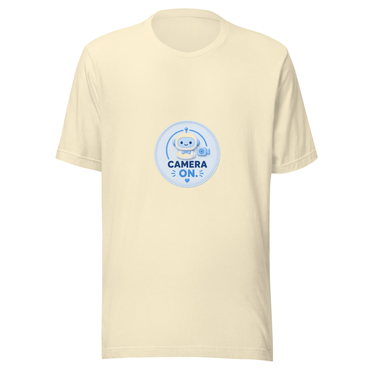 Zoom Badge tee CAMERA ON — cute WFH robot graphic tee mockup