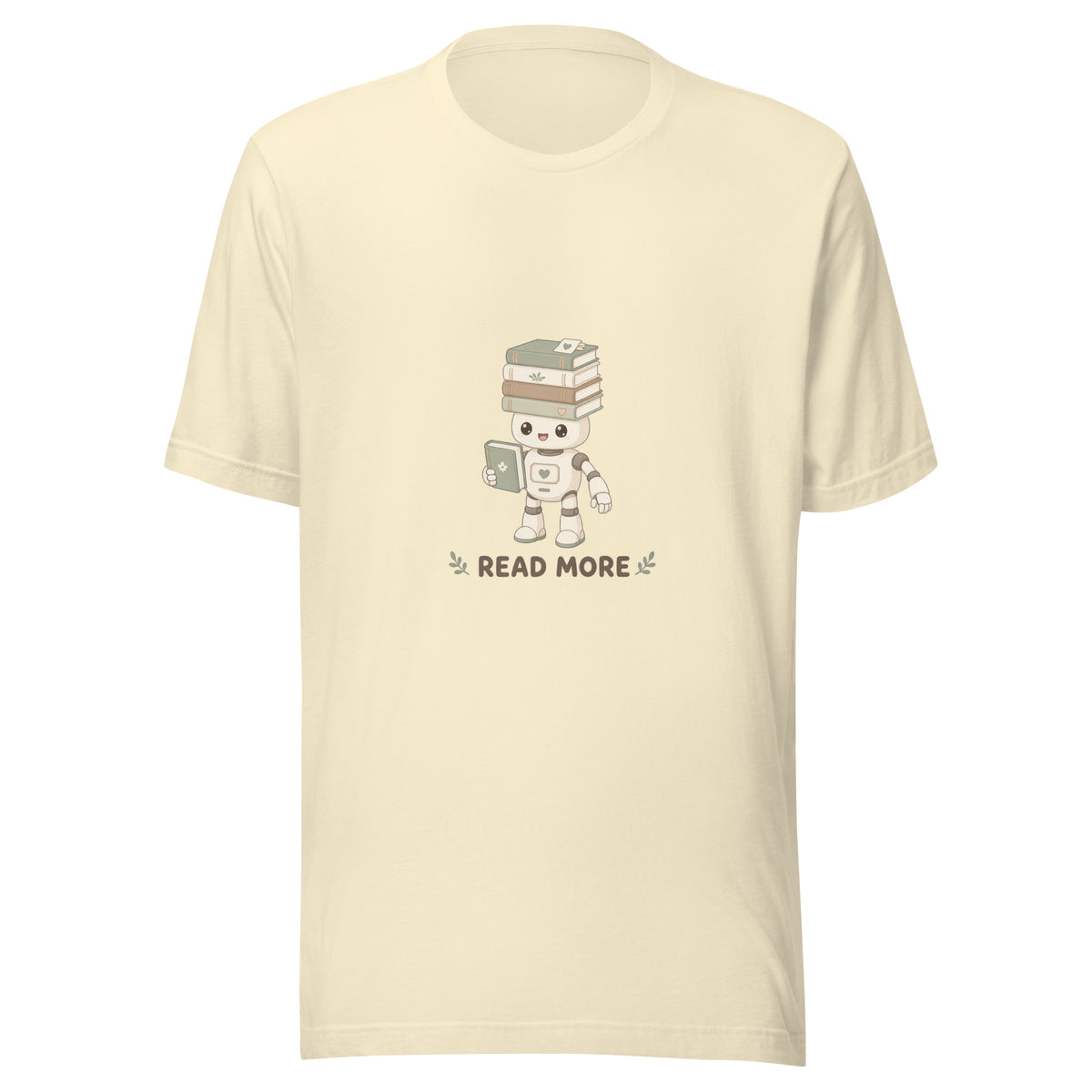 Stack Hero tee READ MORE — cute reading robot graphic tee mockup