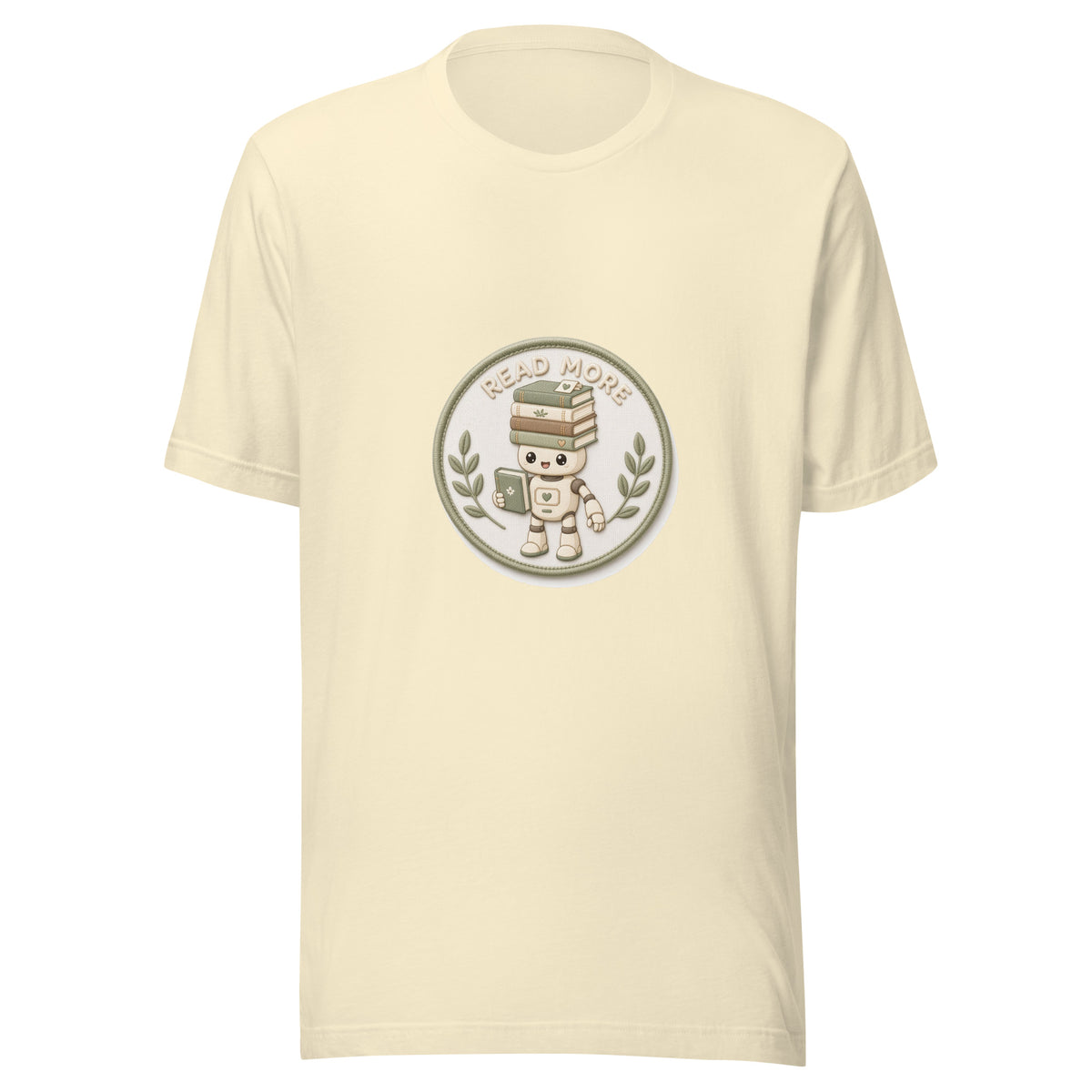 Stack Badge tee READ MORE — cute reading robot graphic tee mockup
