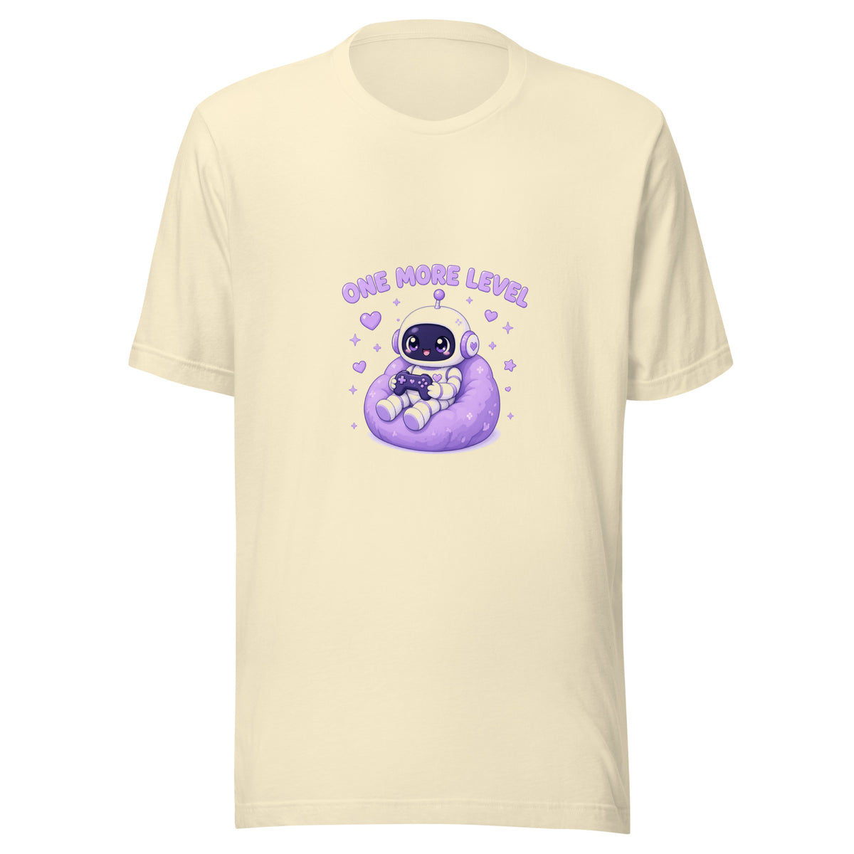Pixel Hero tee ONE MORE LEVEL — cute gaming robot graphic tee mockup