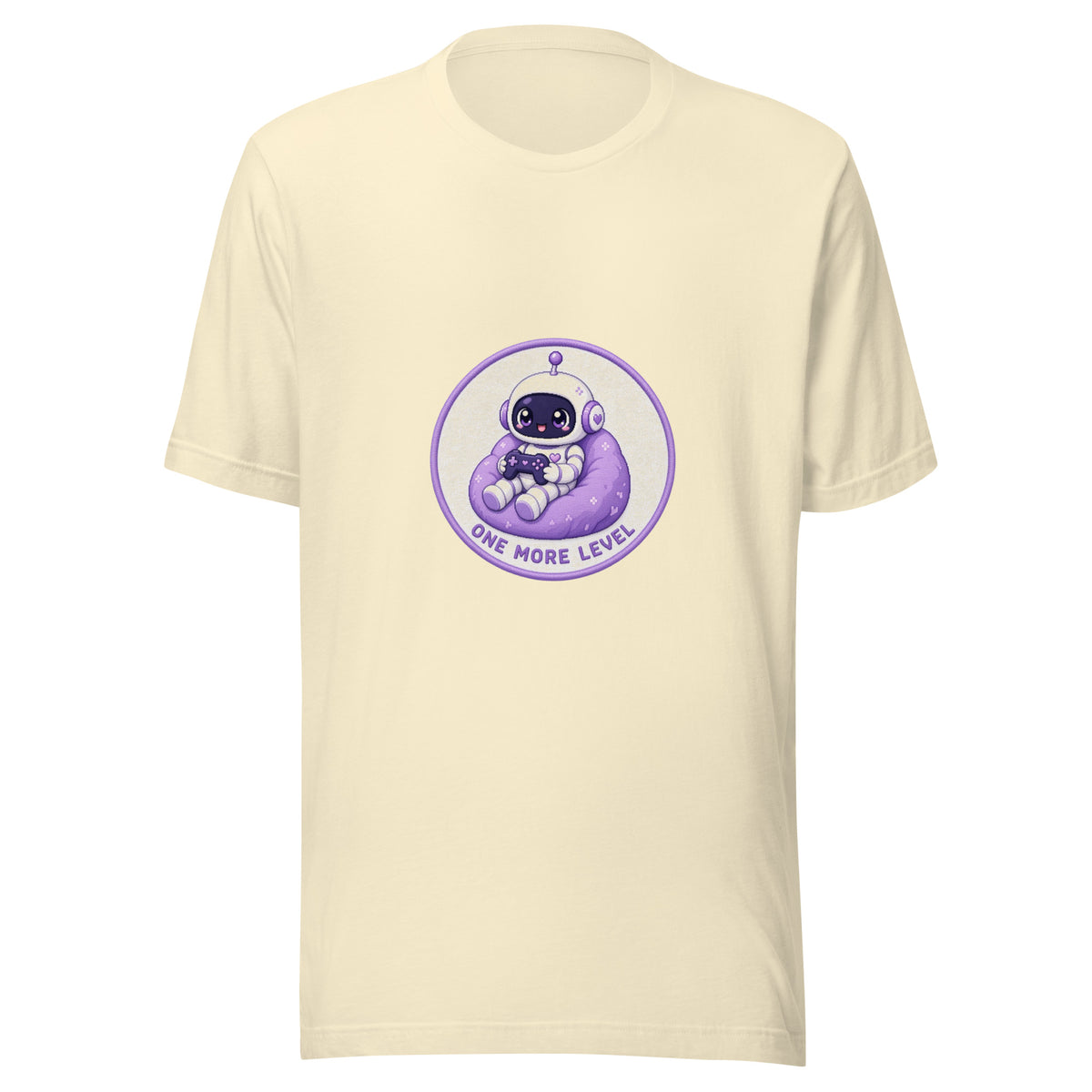 Pixel Badge tee ONE MORE LEVEL — cute gaming robot graphic tee mockup