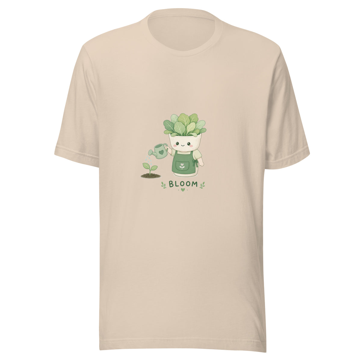 Bloom Hero tee GROW MODE — cute plants robot graphic tee mockup