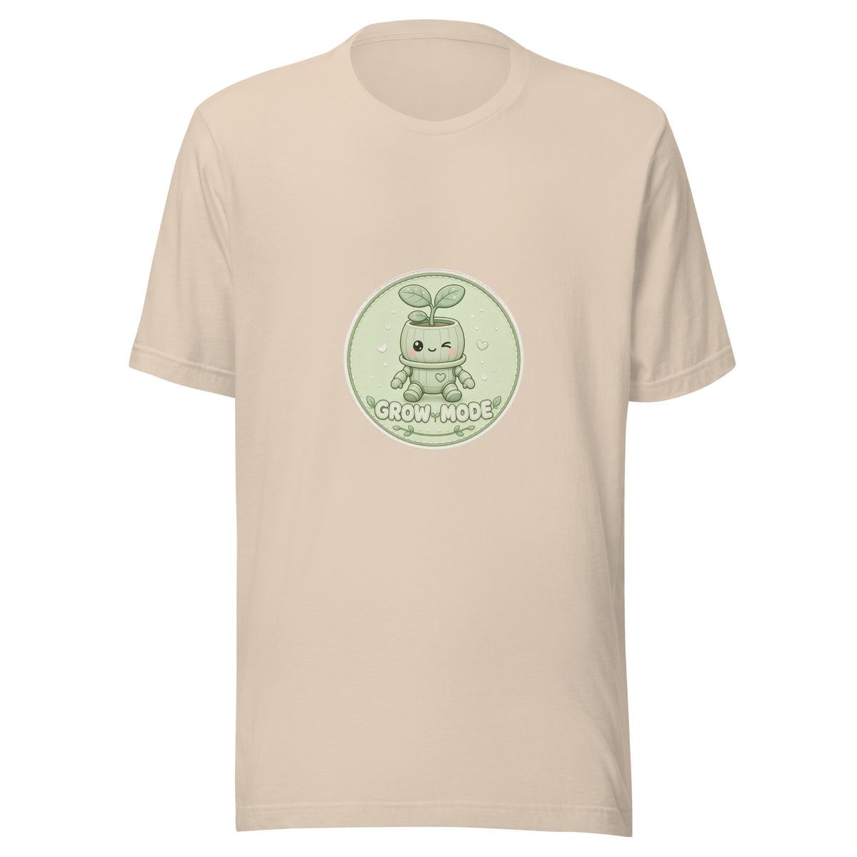Bloom Badge tee GROW MODE — cute plants robot graphic tee mockup