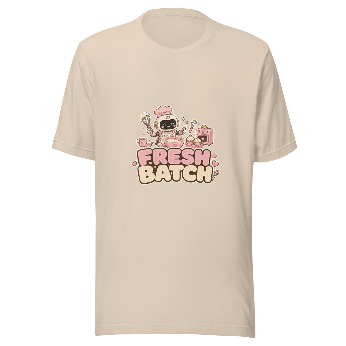 Bake Hero tee FRESH BATCH — cute baking robot graphic tee mockup