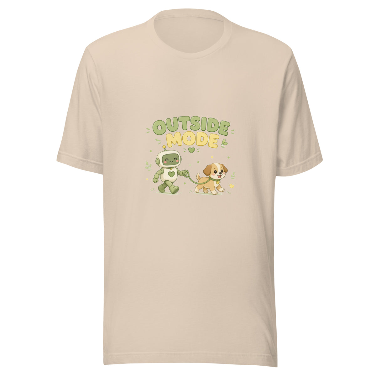 Fetch Hero tee OUTSIDE MODE — cute dog walk robot graphic tee mockup