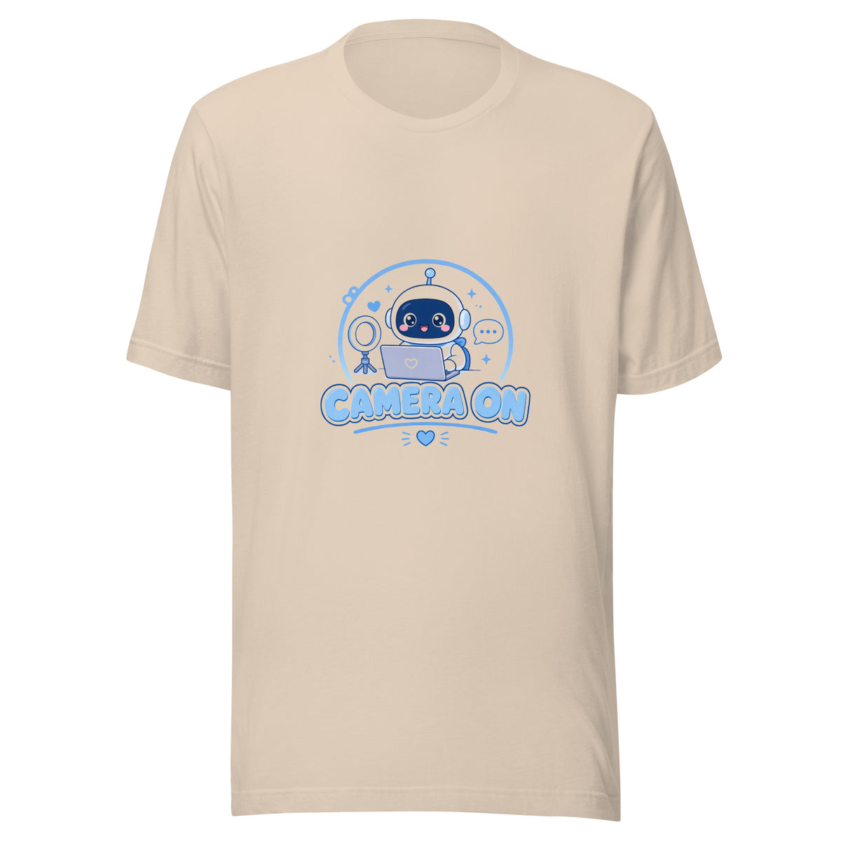 Zoom Hero tee CAMERA ON — cute WFH robot graphic tee mockup