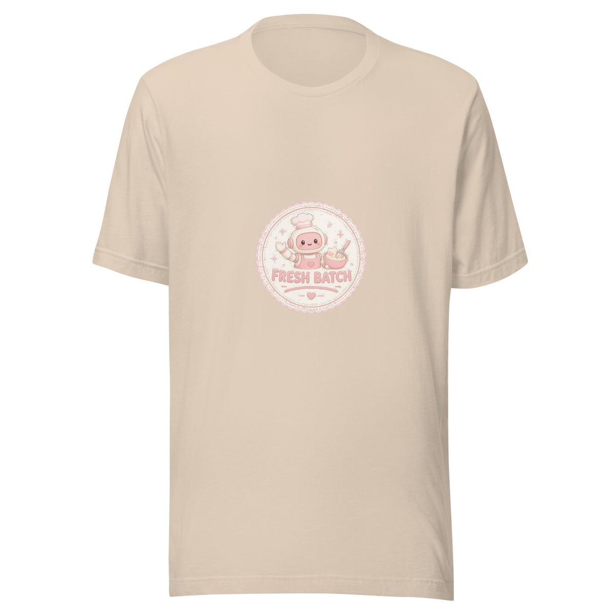 Bake Badge tee FRESH BATCH — cute baking robot graphic tee mockup