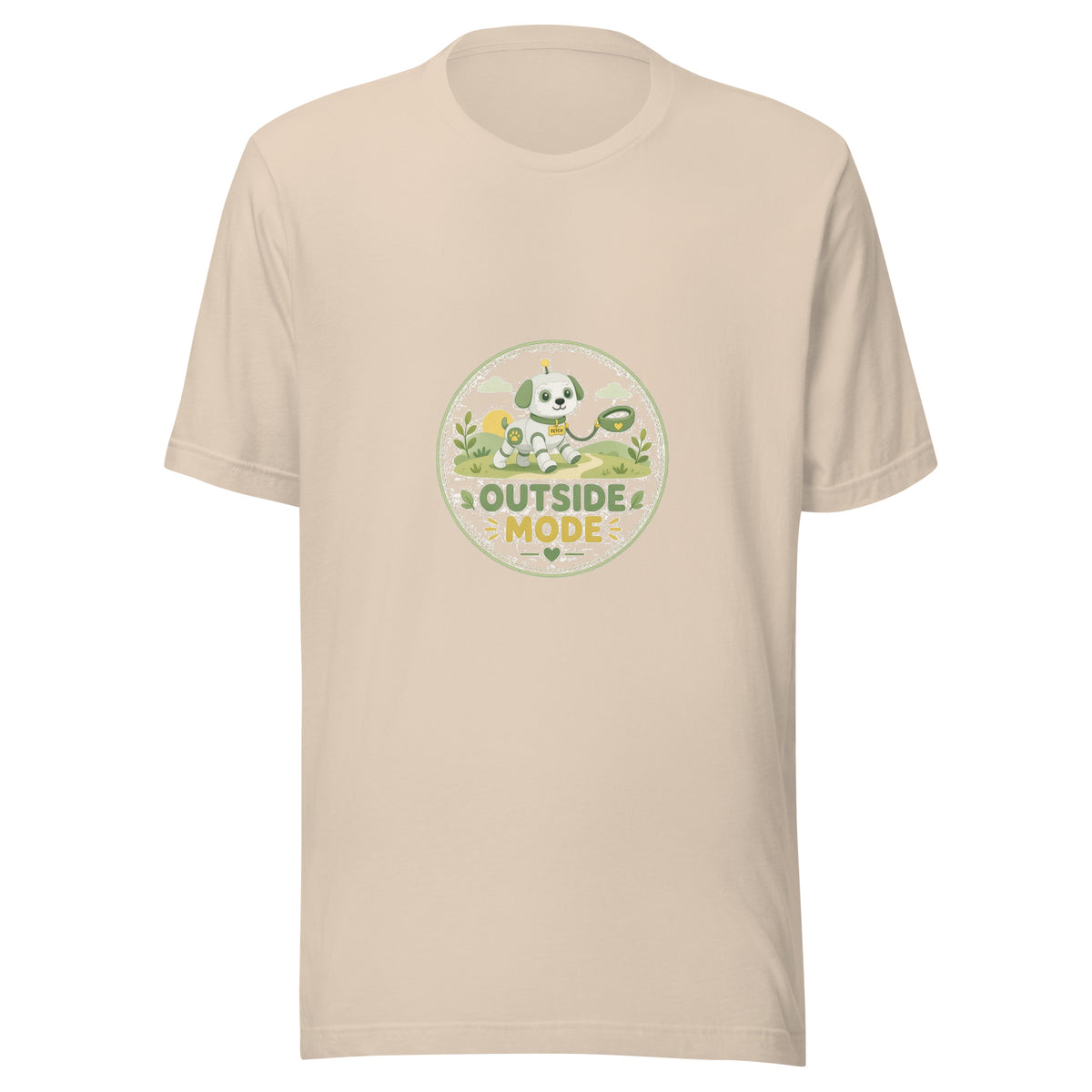 Fetch Badge tee OUTSIDE MODE — cute dog walk robot graphic tee mockup