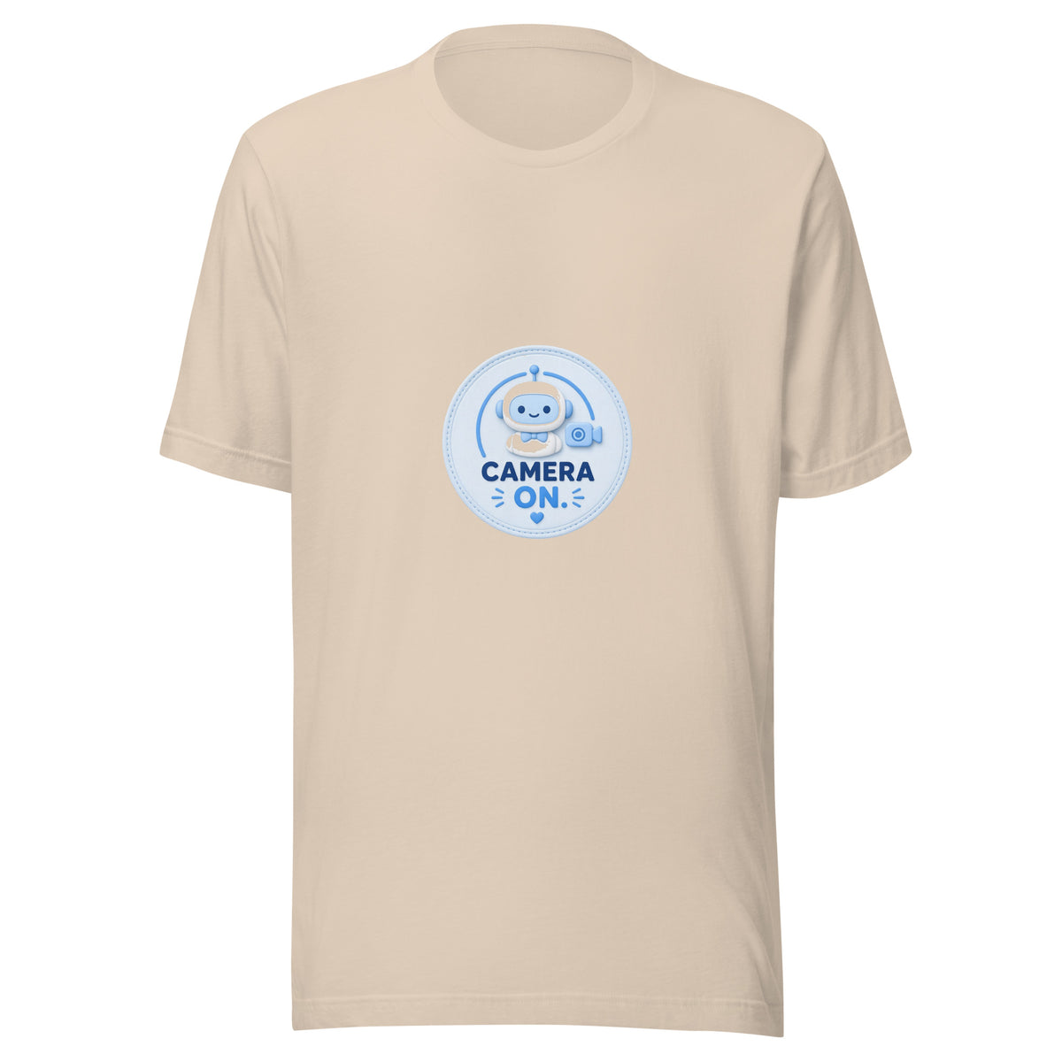Zoom Badge tee CAMERA ON — cute WFH robot graphic tee mockup
