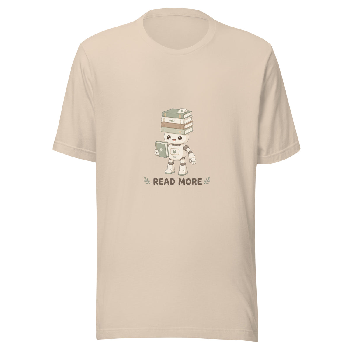 Stack Hero tee READ MORE — cute reading robot graphic tee mockup