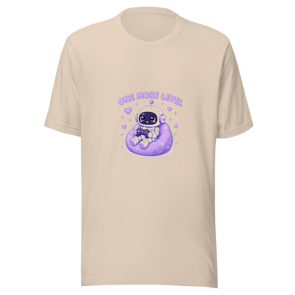 Pixel Hero tee ONE MORE LEVEL — cute gaming robot graphic tee mockup