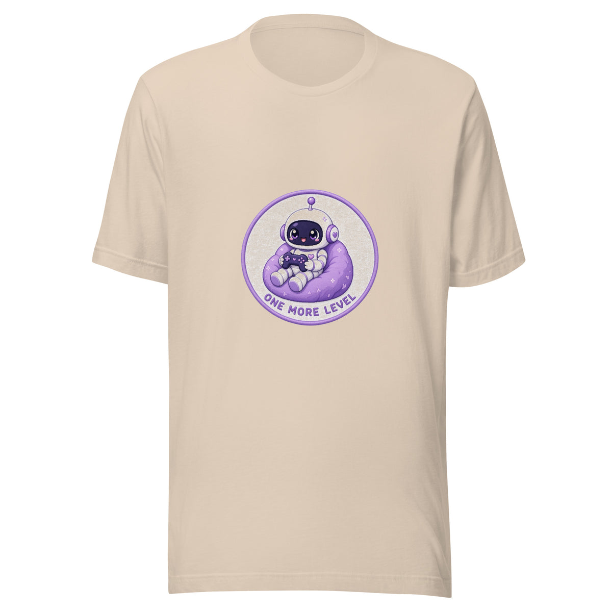 Pixel Badge tee ONE MORE LEVEL — cute gaming robot graphic tee mockup