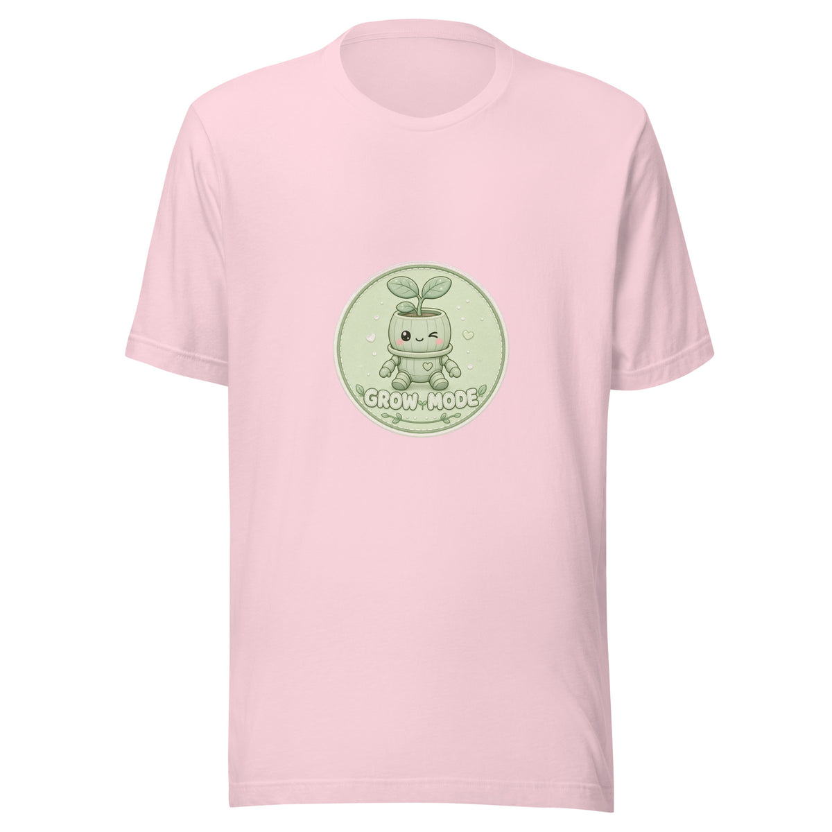 Bloom Badge tee GROW MODE — cute plants robot graphic tee mockup