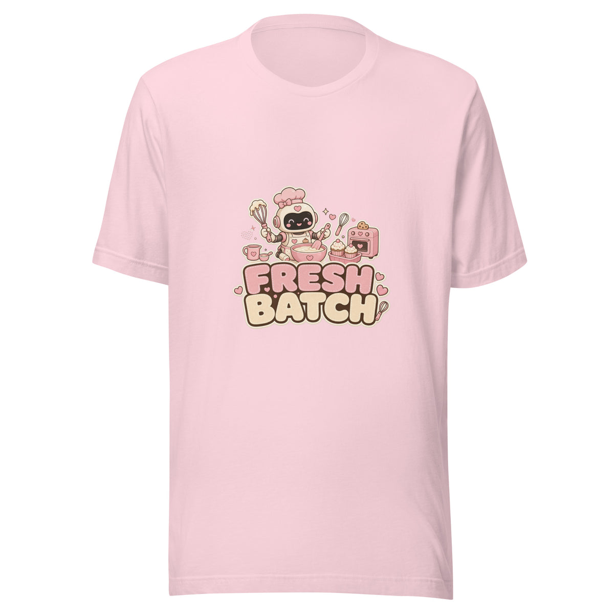 Bake Hero tee FRESH BATCH — cute baking robot graphic tee mockup