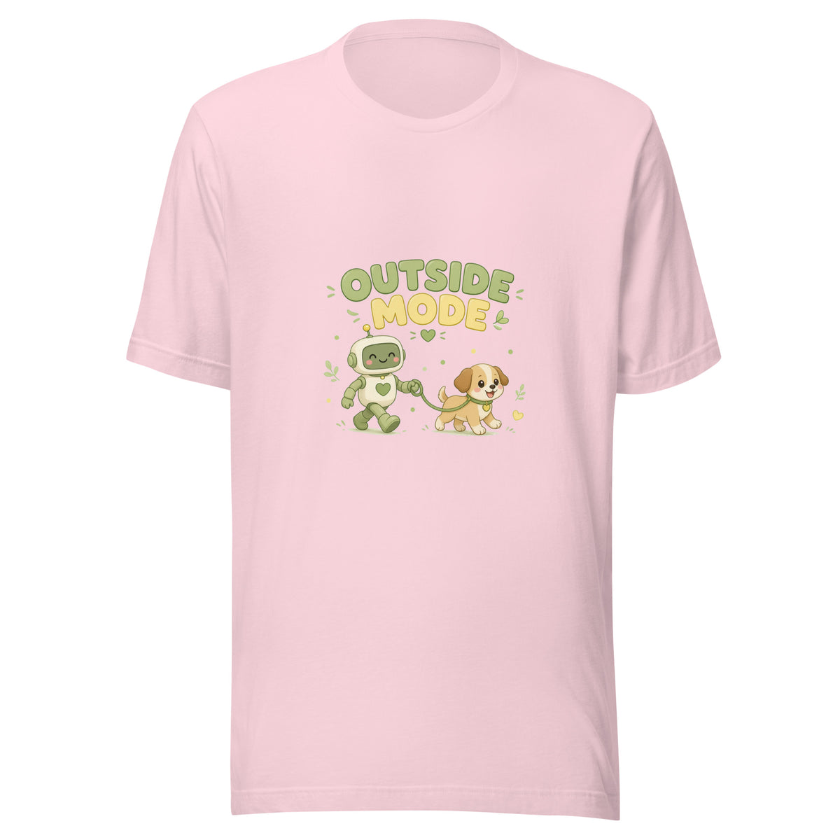 Fetch Hero tee OUTSIDE MODE — cute dog walk robot graphic tee mockup