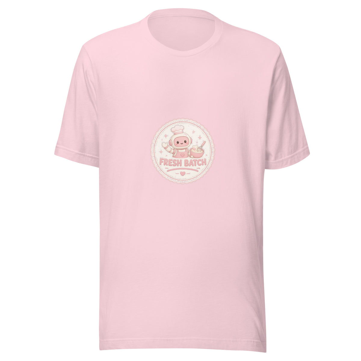 Bake Badge tee FRESH BATCH — cute baking robot graphic tee mockup