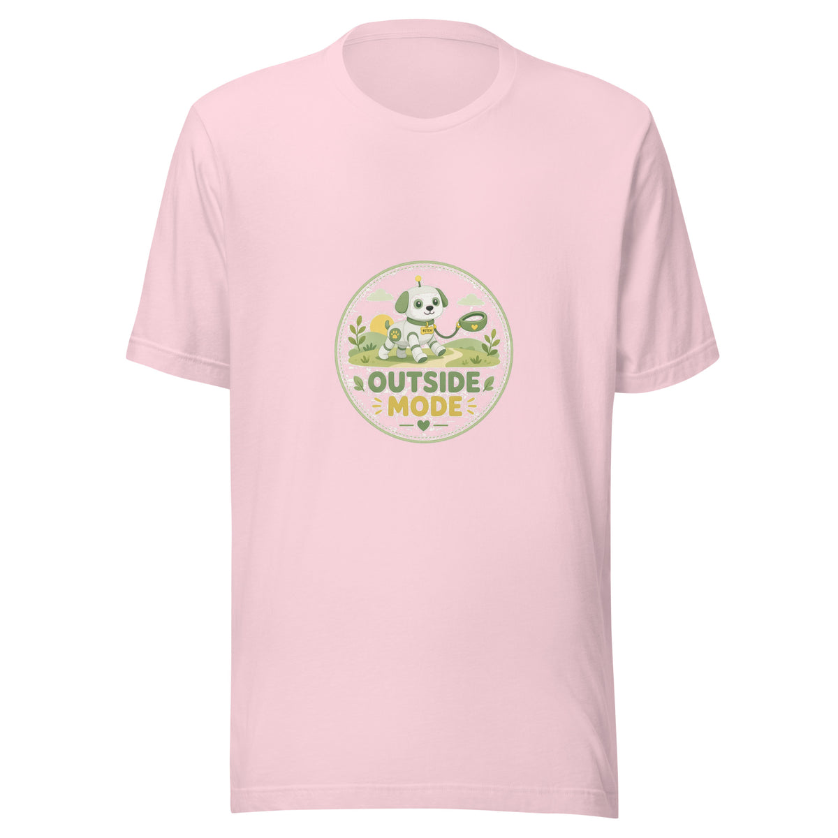 Fetch Badge tee OUTSIDE MODE — cute dog walk robot graphic tee mockup