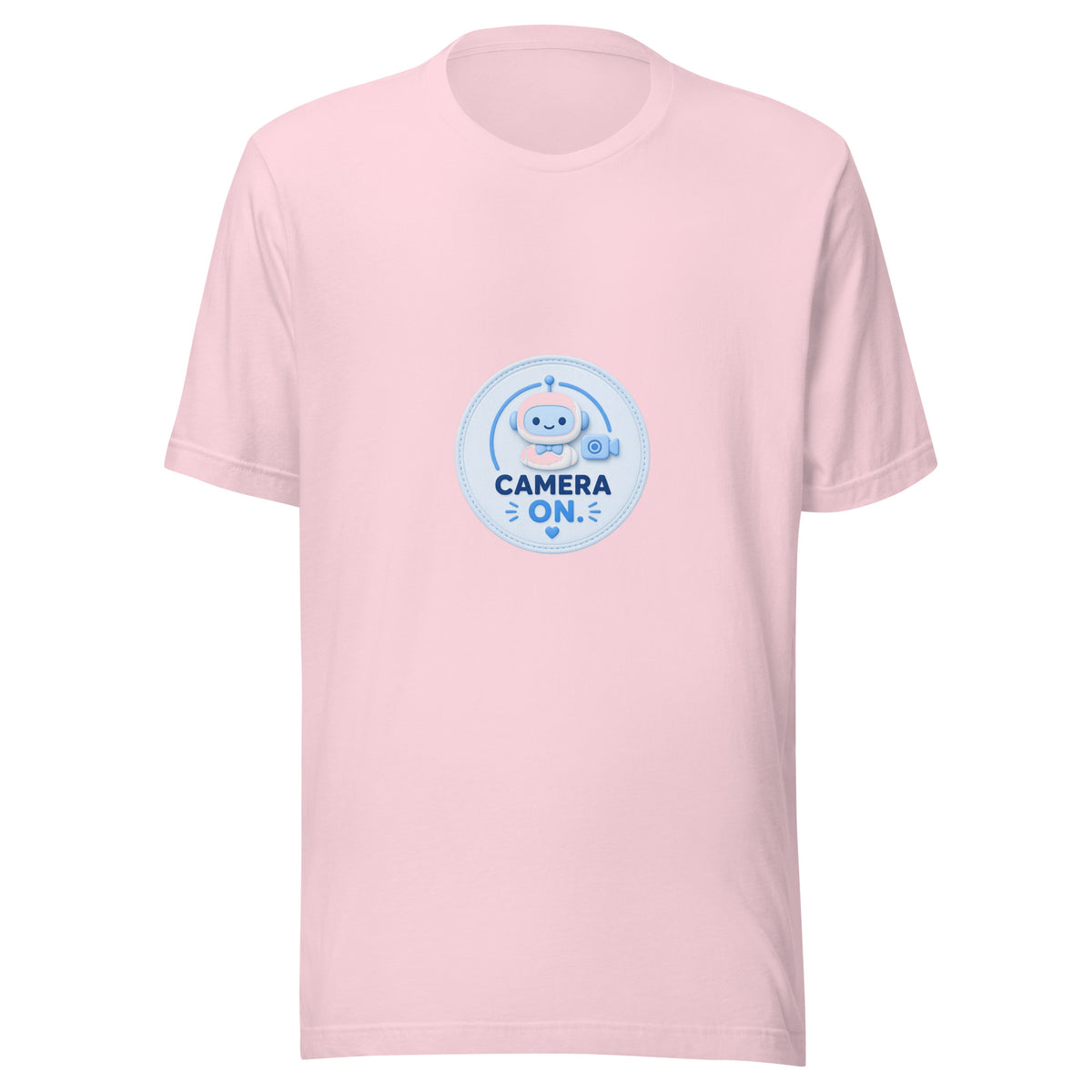 Zoom Badge tee CAMERA ON — cute WFH robot graphic tee mockup