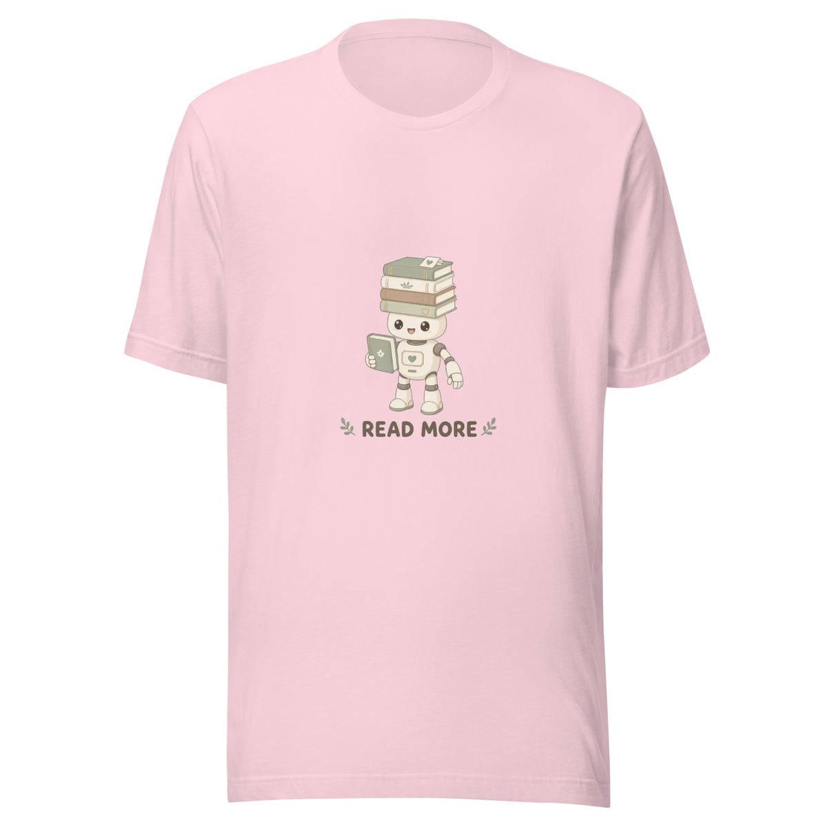 Stack Hero tee READ MORE — cute reading robot graphic tee mockup