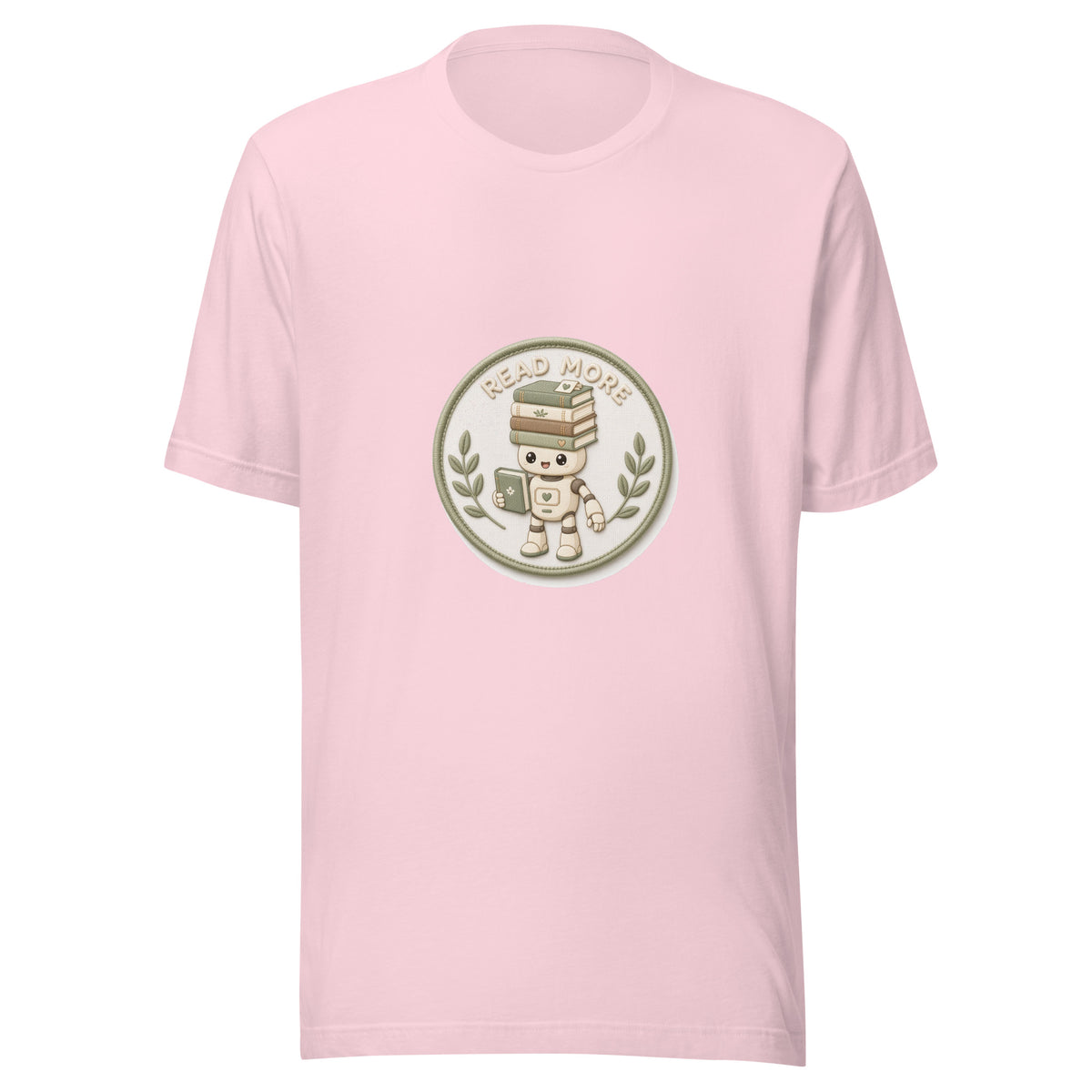 Stack Badge tee READ MORE — cute reading robot graphic tee mockup