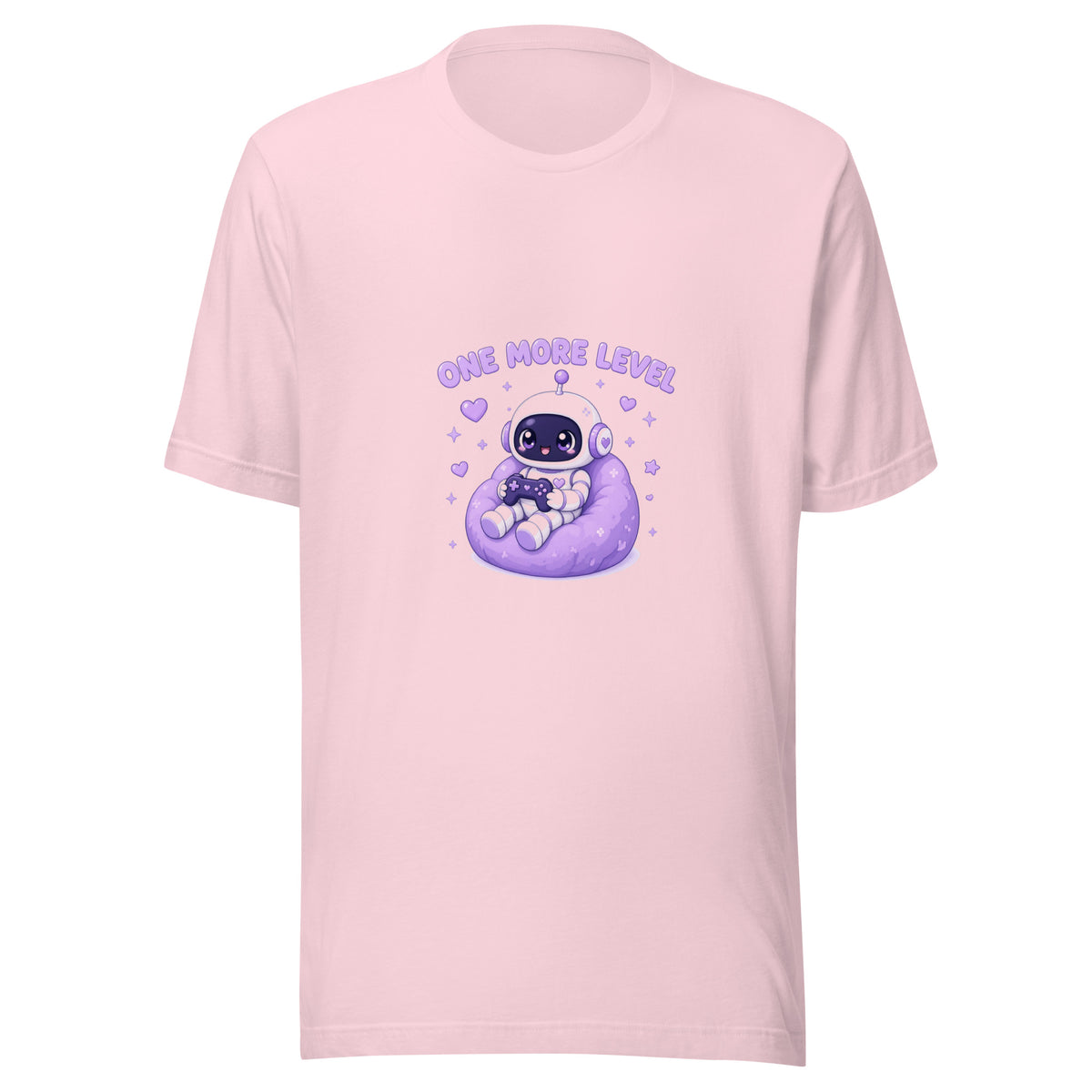 Pixel Hero tee ONE MORE LEVEL — cute gaming robot graphic tee mockup