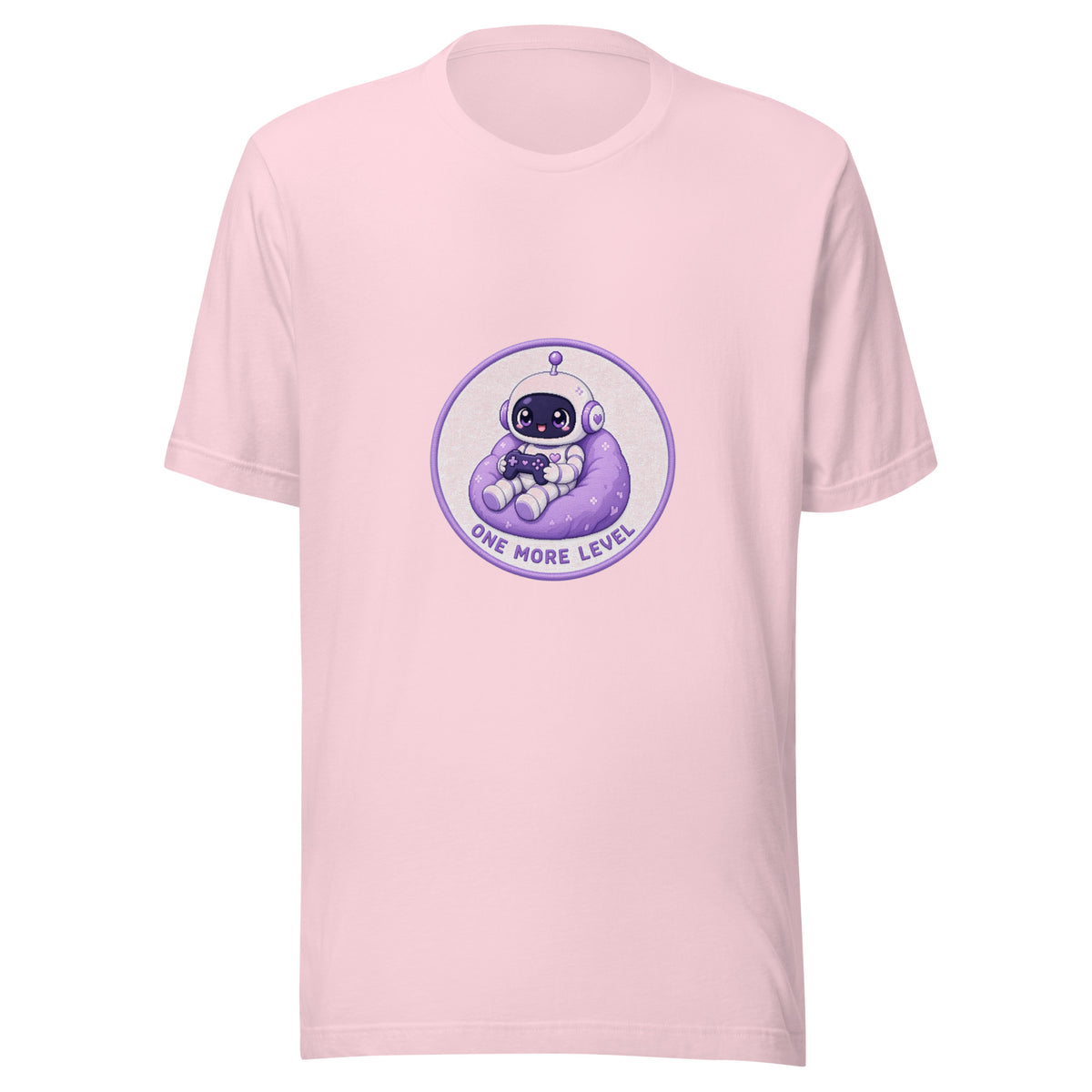 Pixel Badge tee ONE MORE LEVEL — cute gaming robot graphic tee mockup