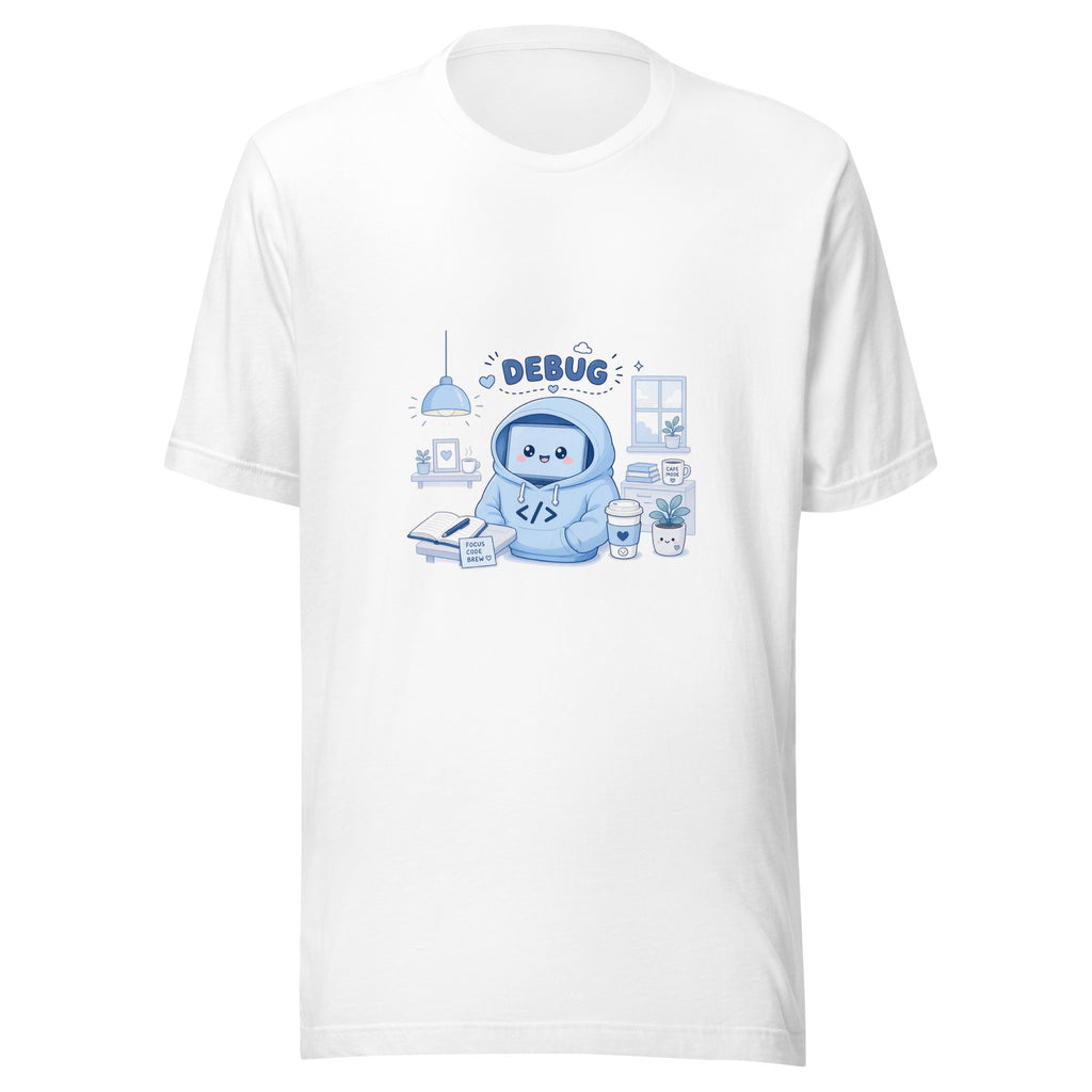 Debug Hero tee STILL DEBUGGING — cute coding robot graphic tee mockup