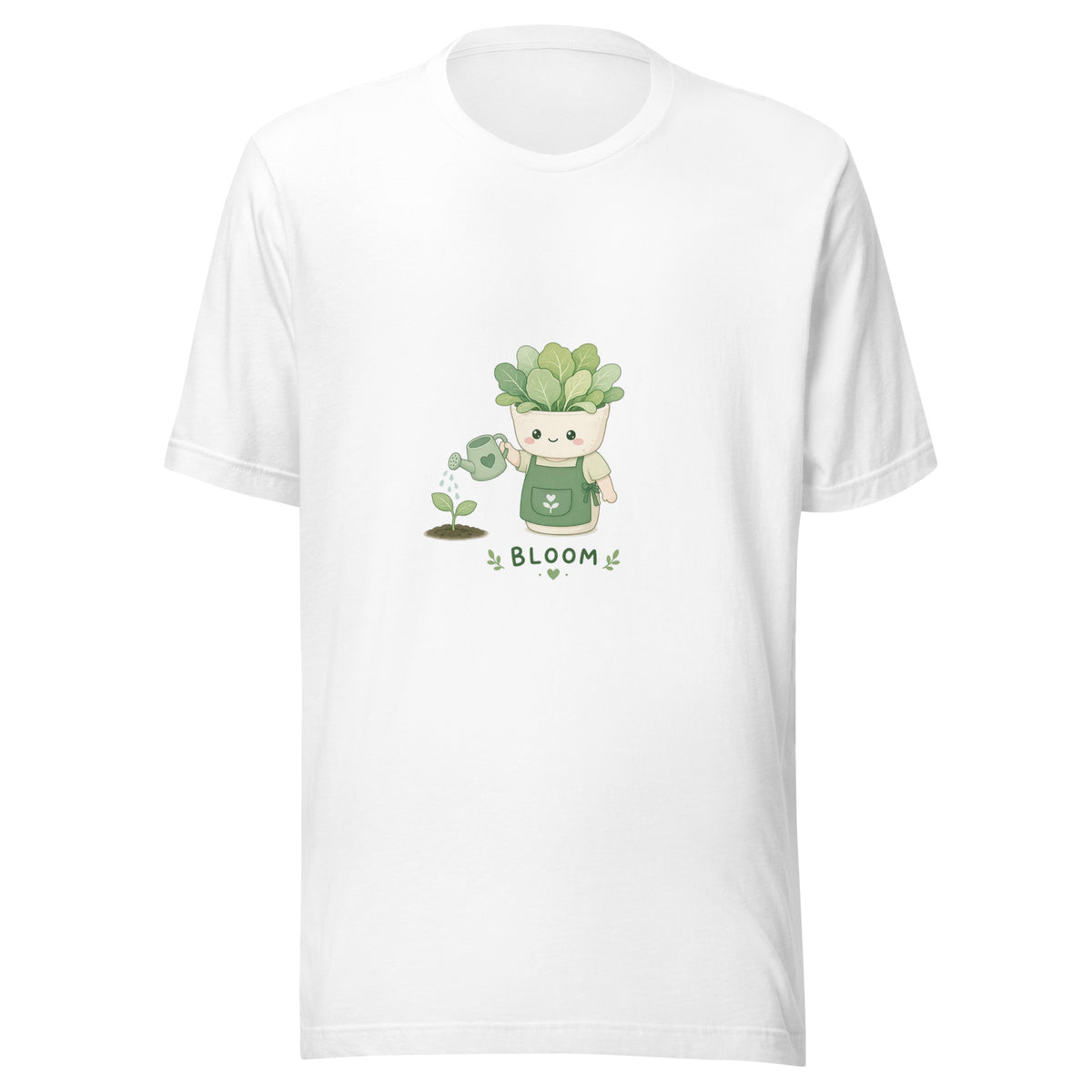 Bloom Hero tee GROW MODE — cute plants robot graphic tee mockup